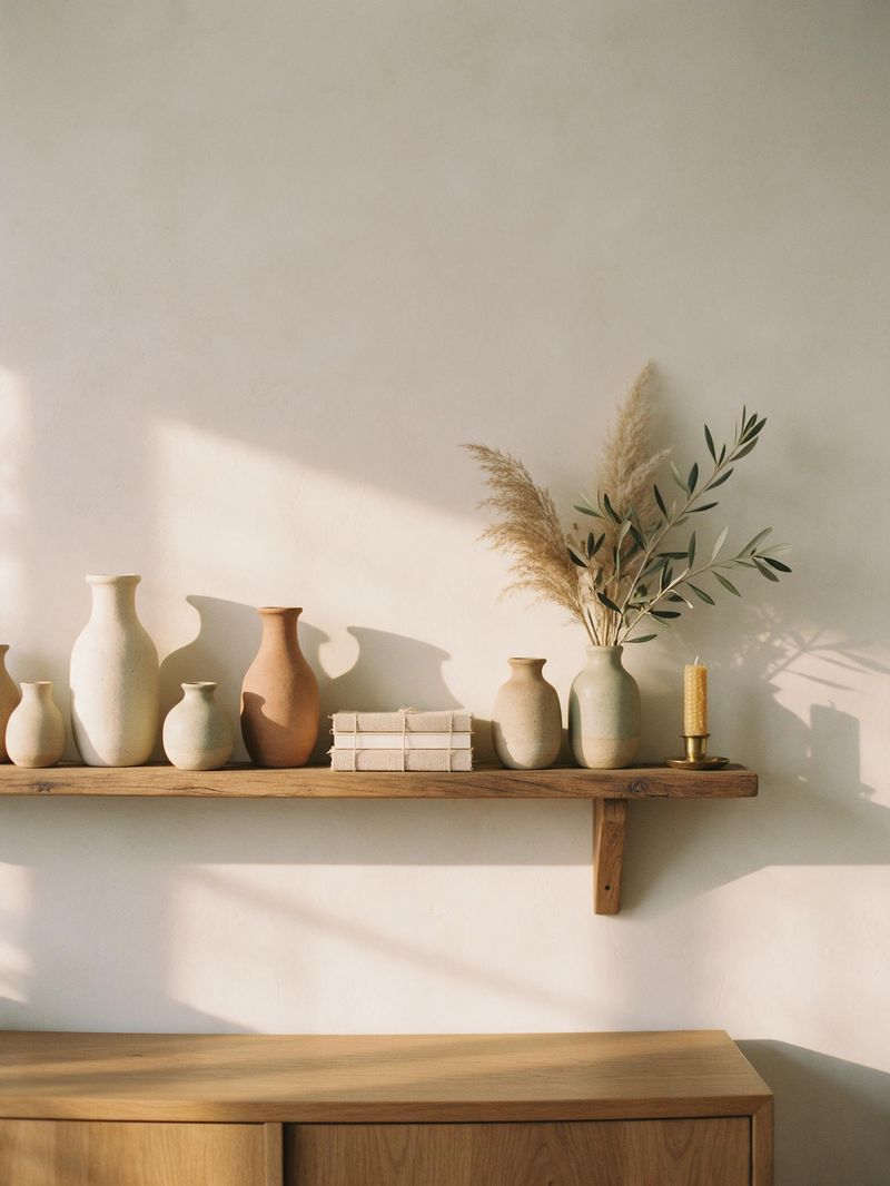 A warm, softly lit shelf with handmade vases, dried branches and a candle