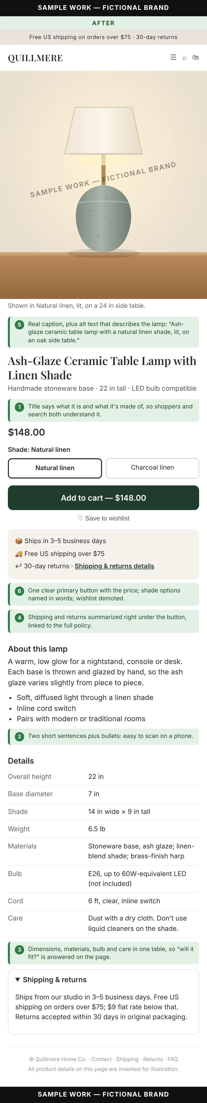 After: the same fictional lamp page, now titled “Ash-Glaze Ceramic Table Lamp with Linen Shade”, with a real photo caption, one clear Add to cart button showing the price, shipping and returns summarized under the button, a short description with bullets, and a details table with dimensions, materials, bulb and care.