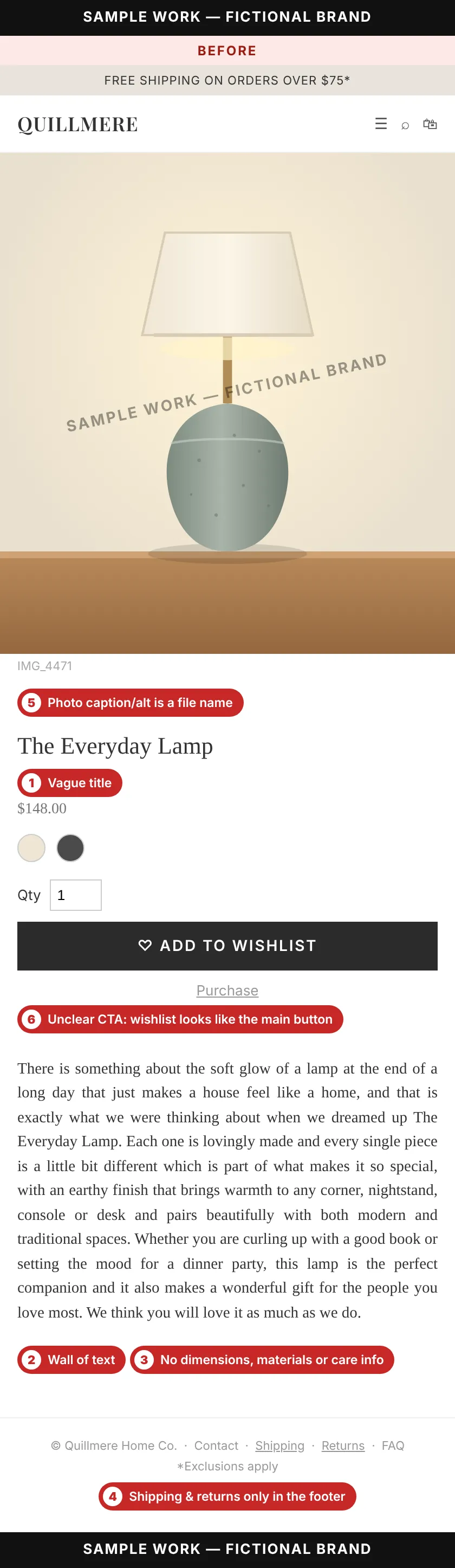 Before: a sample product page for a fictional lamp titled “The Everyday Lamp”. Red markers point out a vague title, one long paragraph, no dimensions, materials or care details, shipping and returns only in the footer, a file name as the photo caption, and a wishlist button styled like the main action.